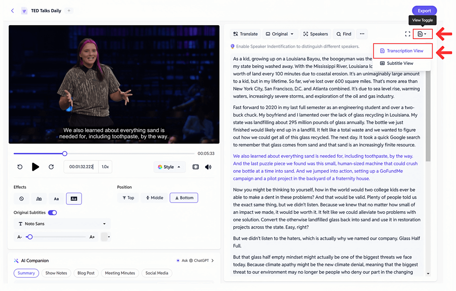 choose transcription view