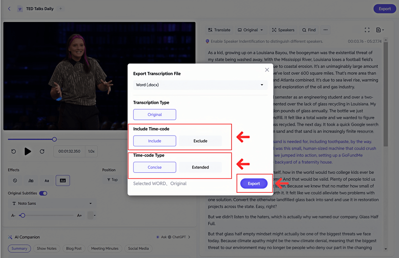 choose whether to include time-code and time-code types