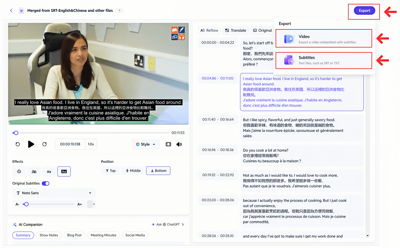 Export a video embedded with subtitles or download the subtitles file