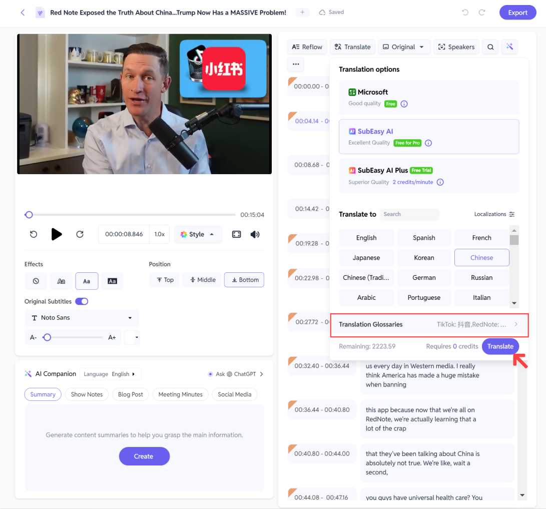Cliquez sur "Translate" pour obtenir un résultat plus précis